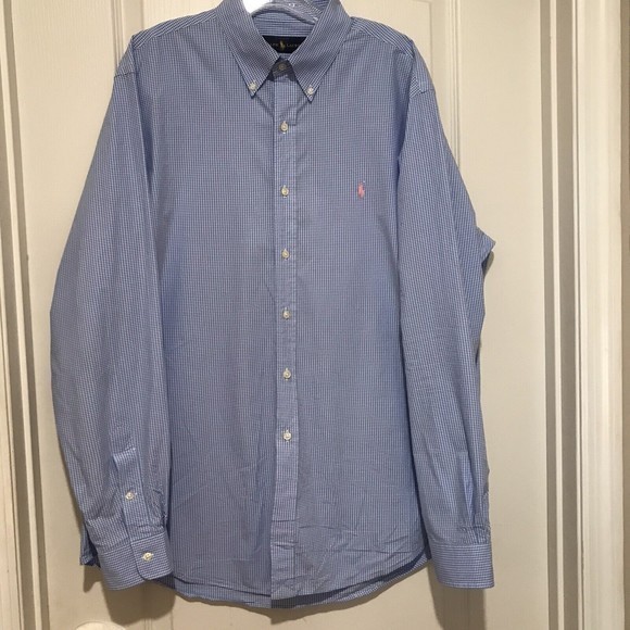 RALPH LAUREN Mens‎ XL Pink Logo Horse Blue/White Check Button Up Shirt Workwear - Picture 3 of 9